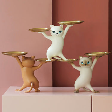 Resin Cat Statue Dual-Tray Organizer for Keys, Jewelry & Snacks